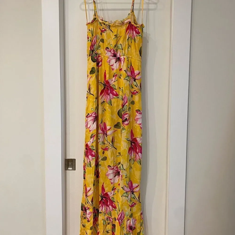 FLORAL Yellow Maxi Dress high low ruffle empire waist small